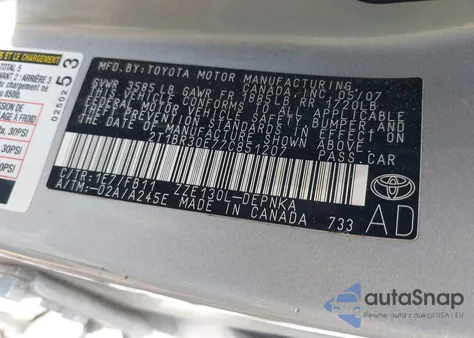 2007 Toyota Corolla Le from USA, damaged, VIN 2T1BR30E77C851207